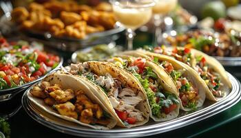 A large tray of tacos with various foods on it photo