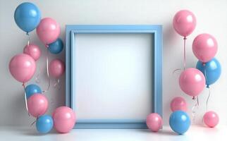 Pink and blue balloons in front of a blank frame photo