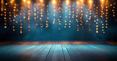 An empty stage with lights and a wooden floor photo