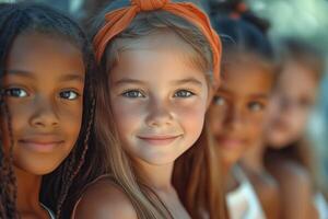A group of young children are standing together photo