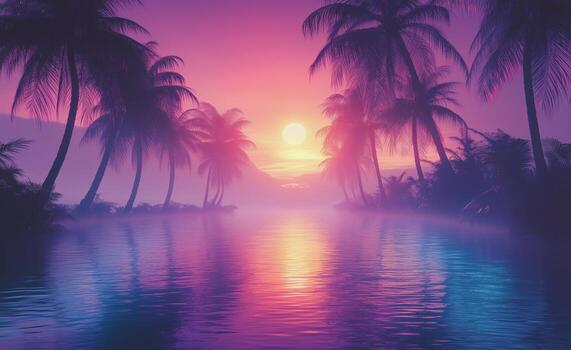 A tropical sunset with palm trees and water photo