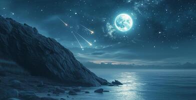 A full moon over the ocean with stars and meteors photo