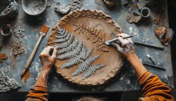 A woman is making a clay fern on a pottery wheel photo