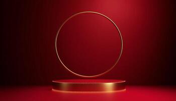Golden oval on red background 3d render photo