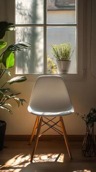 A white chair sitting in front of a window photo