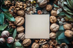 Nutty background with paper and nuts on dark wooden table top view photo