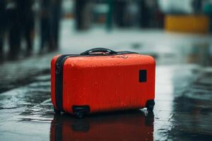 A red suitcase sitting on the ground in the rain photo