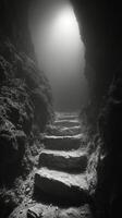 A black and white photo of stairs leading into a cave