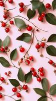 Red berries and leaves on a pink background photo