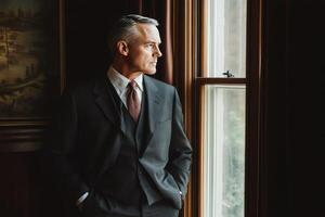 A man in a suit and tie stands by a window photo