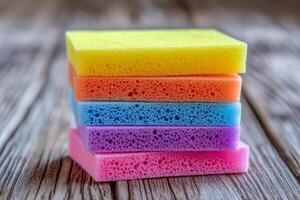 Colorful sponges on wooden table photo
