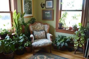 A room with a chair and plants photo
