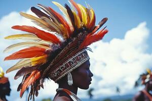 A woman wearing a colorful headdress with feathers photo