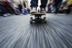 A person riding a skateboard down a street photo