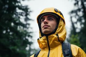 A man in a yellow rain suit and helmet photo