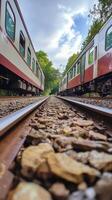 Two trains are on the tracks photo