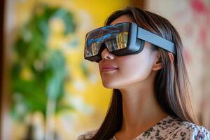A woman wearing a virtual reality headset photo
