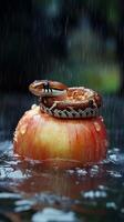A snake is sitting on top of an apple photo