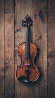 A violin is sitting on a wooden floor photo