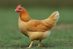 A chicken standing in the grass photo