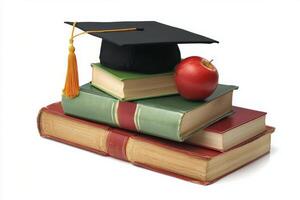 A graduation cap, apple and books on a white background photo