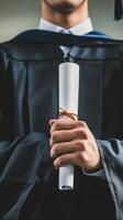 A graduate holding a diploma in his hands photo