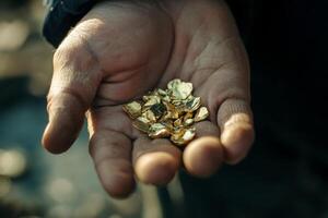 A man holding gold nuggets in his hands photo