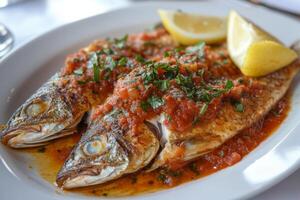 A plate of fish with a lemon wedge and tomato sauce photo