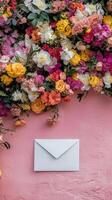 Flowers and envelope on pink wall photo