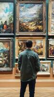 Man looking at paintings in an art museum photo