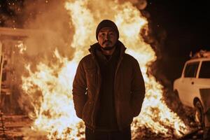A man standing in front of a fire photo