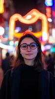 A woman wearing glasses in front of neon lights photo