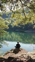 A person sitting on a rock overlooking a lake photo