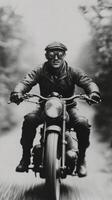 A man on a motorcycle with goggles and a helmet photo