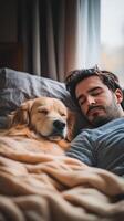 A man and his dog sleeping in bed photo