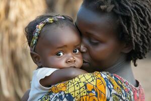 A woman holding a baby in her arms photo