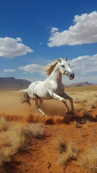 A white horse running in the desert photo