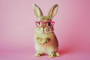 A rabbit wearing pink glasses on a pink background photo