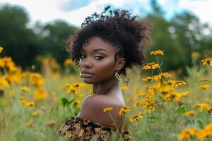 A beautiful young woman in a field of flowers photo