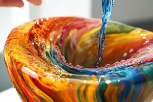 A colorful glass bowl being poured with water photo