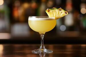 A cocktail with a pineapple garnish sitting on a bar photo