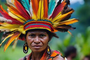A woman wearing a colorful headdress in the rainforest photo