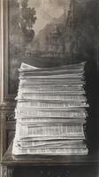 A stack of newspapers on a table in front of a painting photo