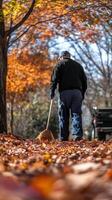 A man is sweeping leaves off the ground photo