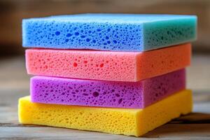 A stack of colorful sponges on a wooden surface photo