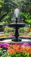 A fountain surrounded by colorful flowers in a park photo