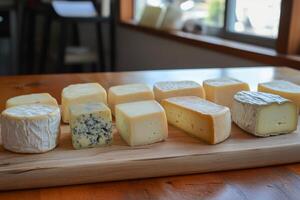 A wooden board with a variety of cheeses on it photo