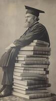 An old photo of a man in a graduation cap and gown sitting on a stack of books