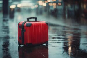 A red suitcase sitting on the ground in the rain photo