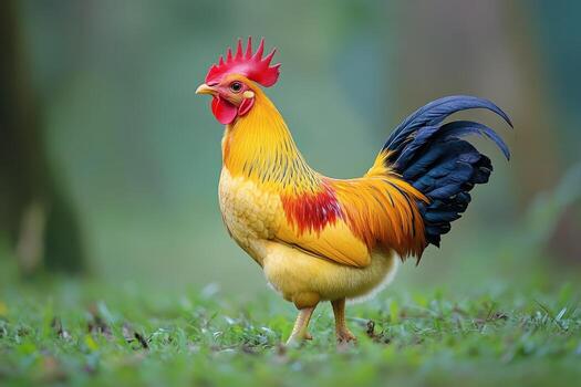 A rooster stands in the grass with a green background photo